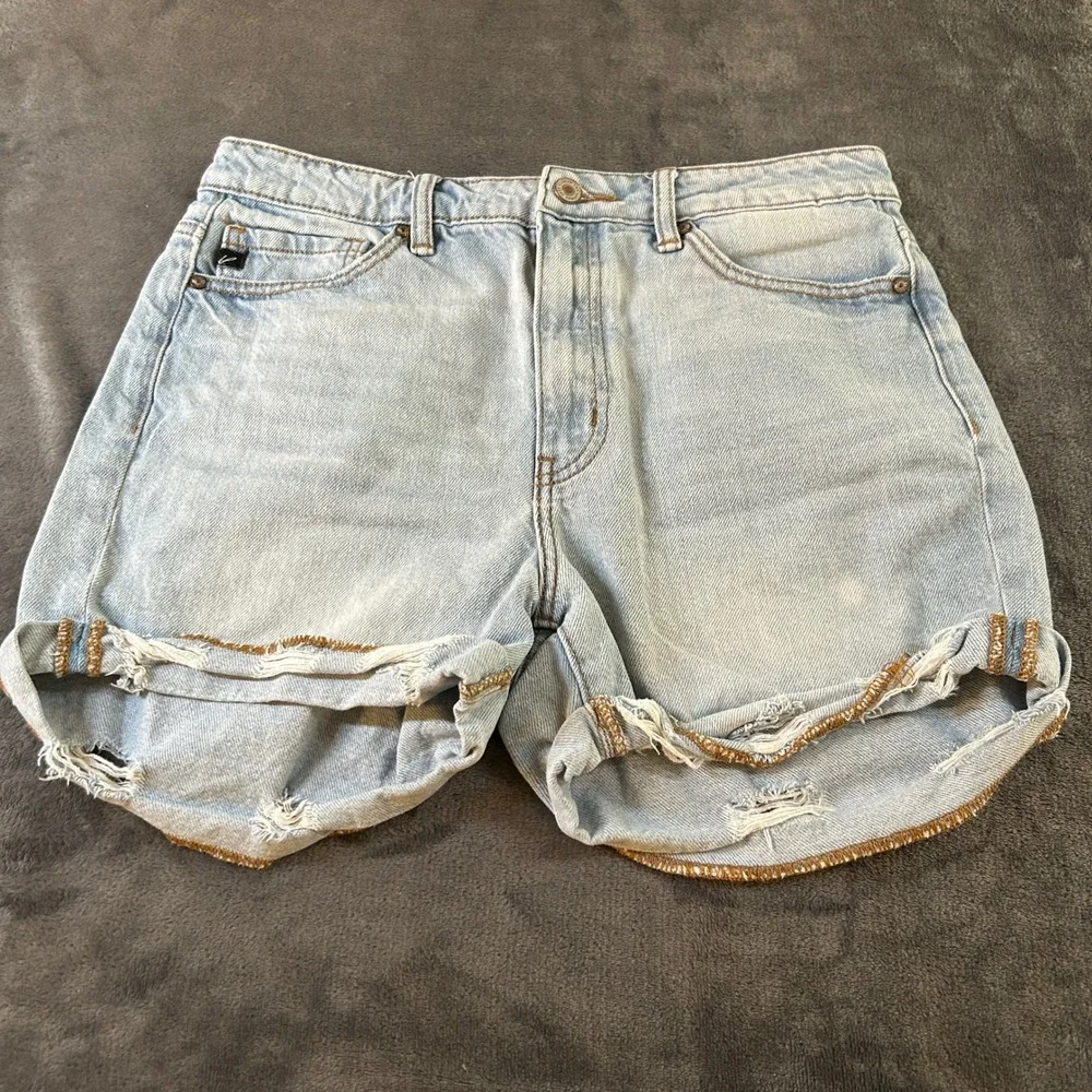 KanCan Denim Shorts Gigi High Rise Double Fold Light Wash Distress Womens 9 / 28